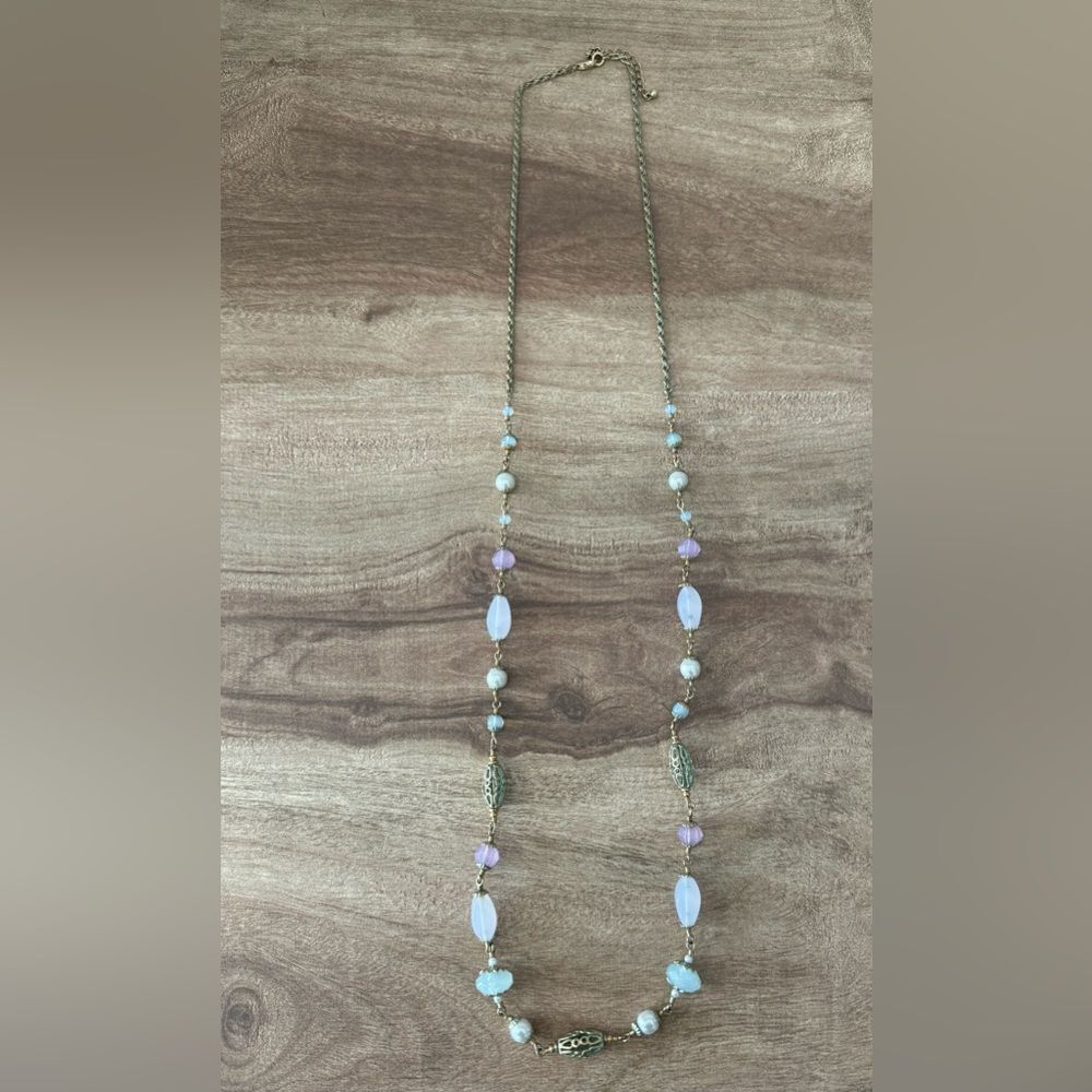 Nova Fashion Chain Beaded Necklace Long Antique Toned Metal Pastel Multi Beads